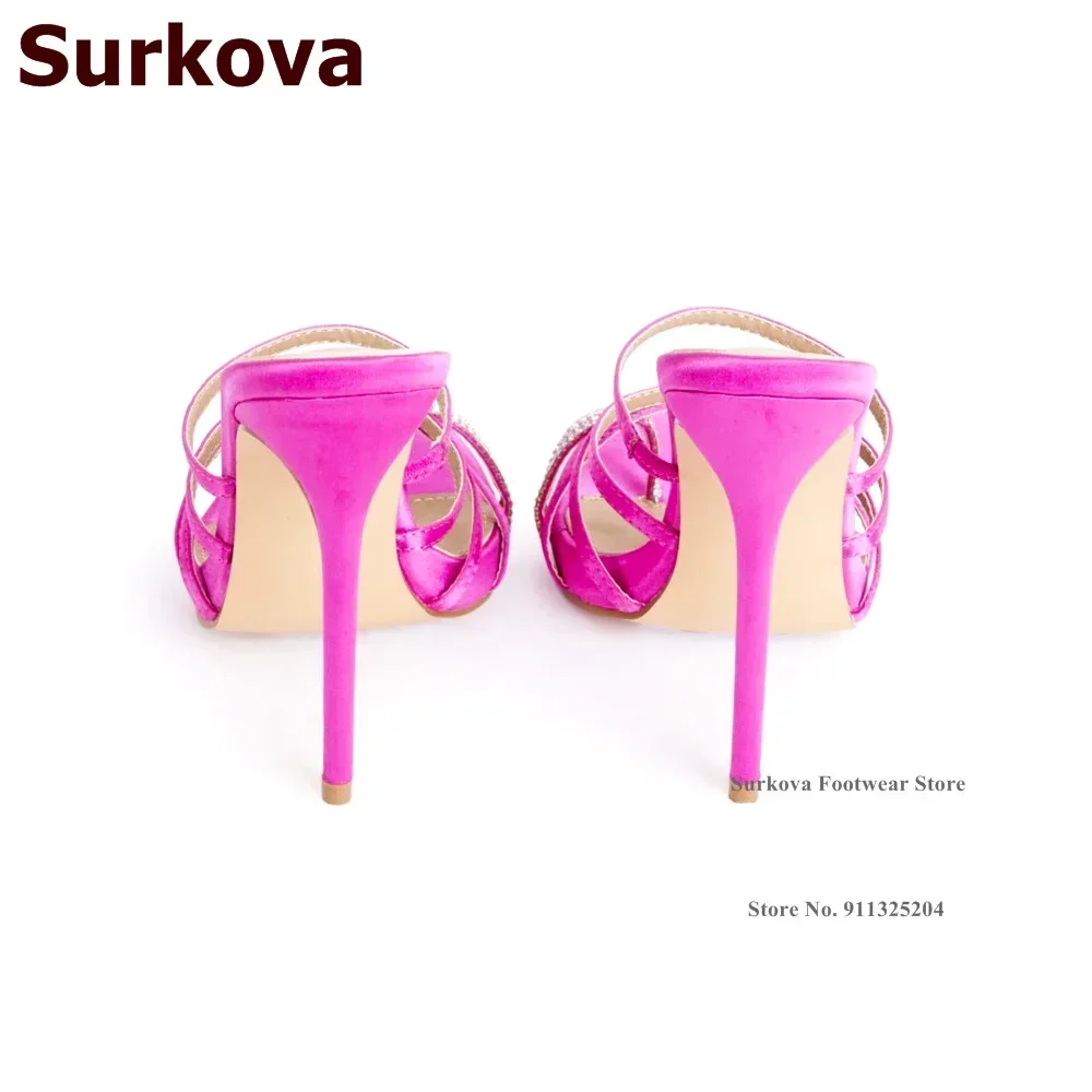 Surkova Fuchsia Satin Strappy High Heel Sandals Bling Bling Crystal Clip Toe Slippers Women Sparkly Rhinestone Wedding Shoes