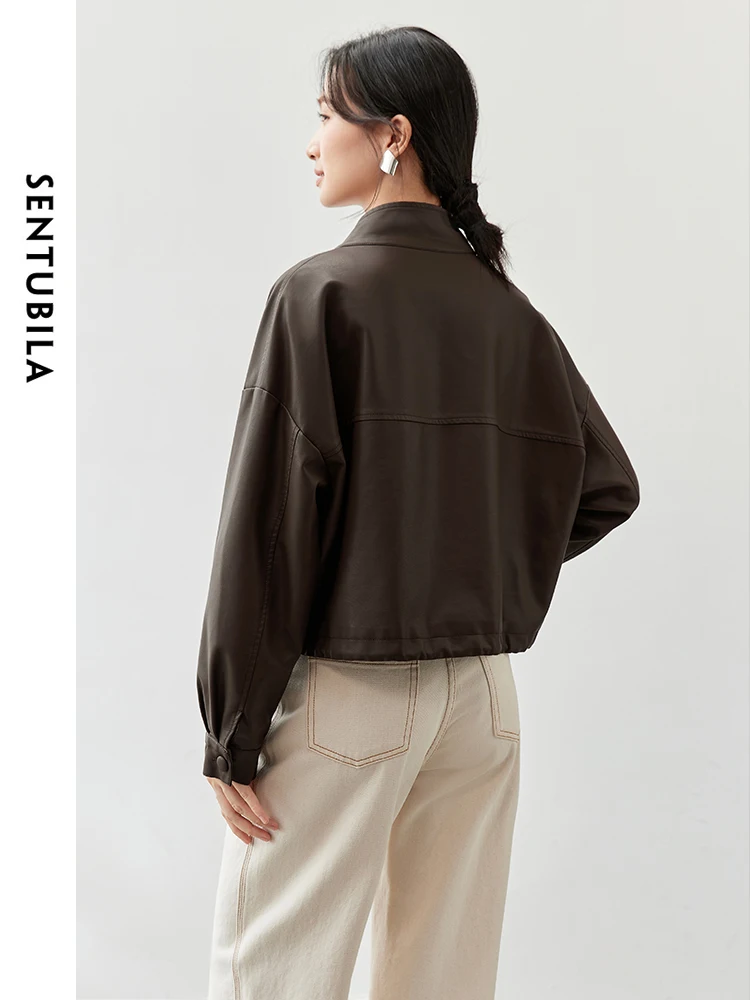SENTUBILA Women Solid Pu Leather Jackets Autumn Retro Casual Draw Rope Cropped Motorbike Jackets Cool Windproof OutwearW43G56875