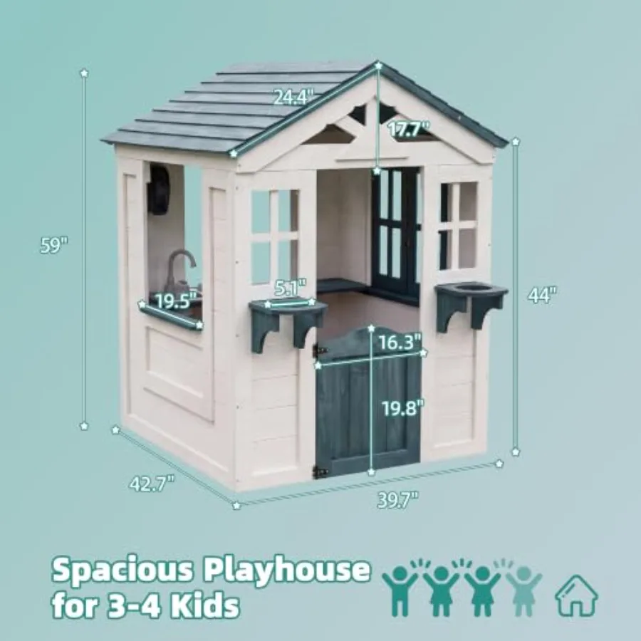 Outdoor Playhouse for backyard use, made of wood, white color, features door, windows, toy phone, flower pot shelves and kitche
