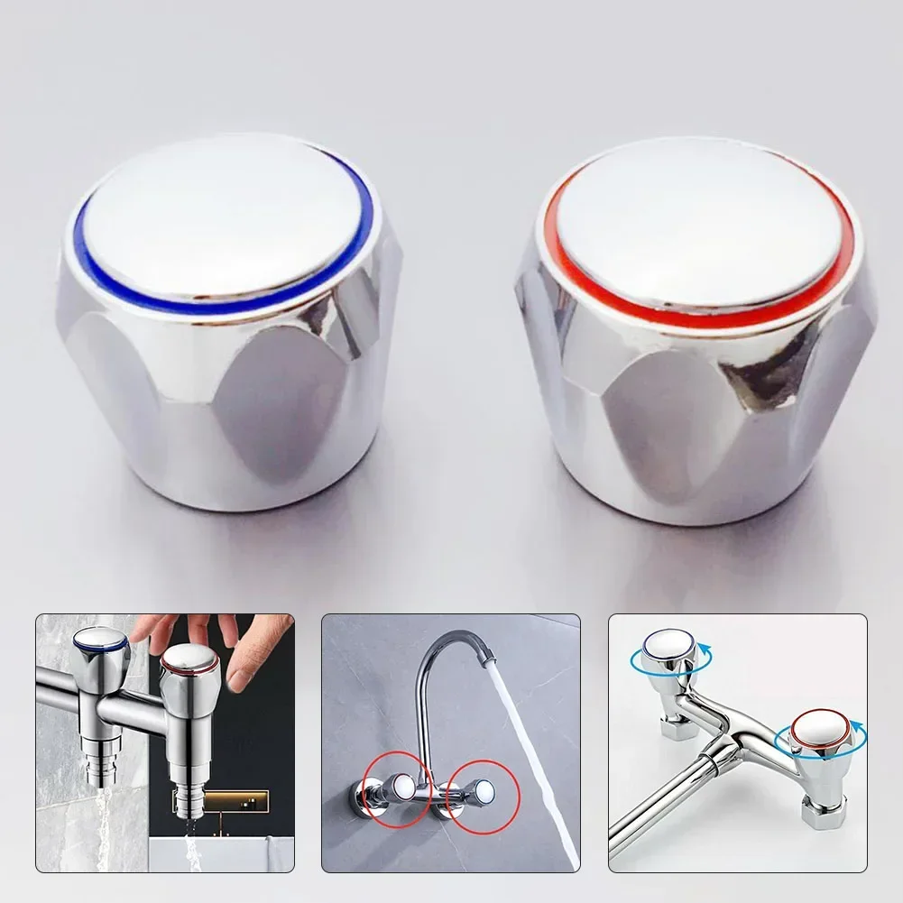 2Pcs Replacement Hot Cold Tap Top Head Covers Chrome Plated Bathroom Red- Blue Top With Copper Faucet Cartridges Valve