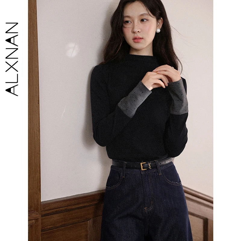 

ALXNAN черная футболка с длинными рукавами, водолазка в стиле пэчворк, универсальные женские топы в горошек, повседневная женская одежда L58325
