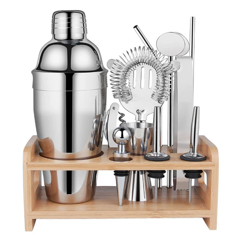 550ML Boston Shaker Stainless Steel Bartender Wine Cup Cocktail Mixer Martini Cocktail Shaker Bar Set with Wooden Rack Bar Tools