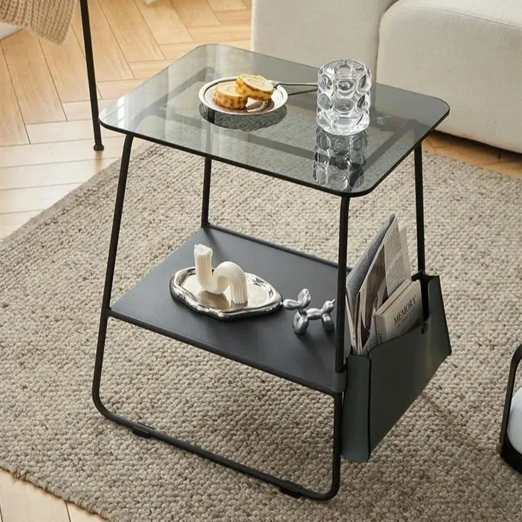 Creative Sofa Side Table Coffee Table Bedside Table Shelf Double Layer Large Capacity Storage Metal Glass Corner Tables