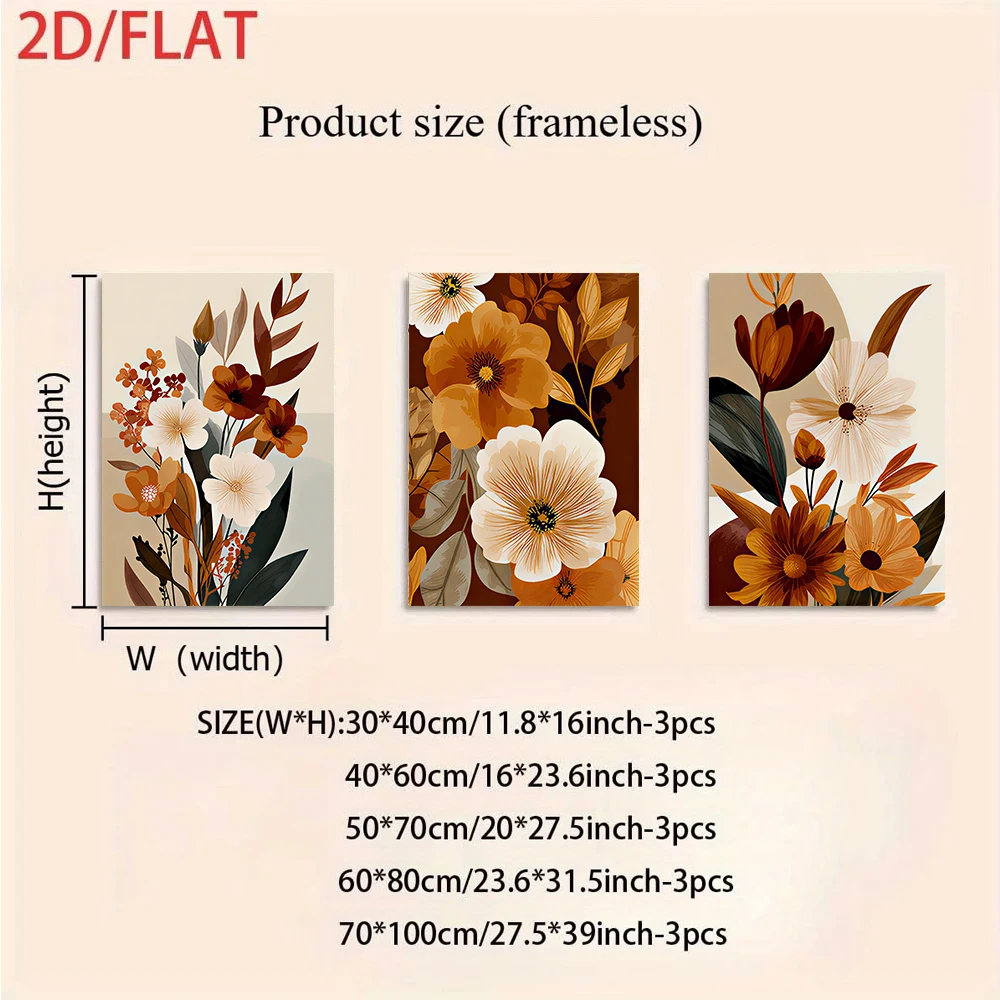 1 set of modern minimalist triptych decorative paintings, frameless floral paintings for bedroom, 2D flat design.