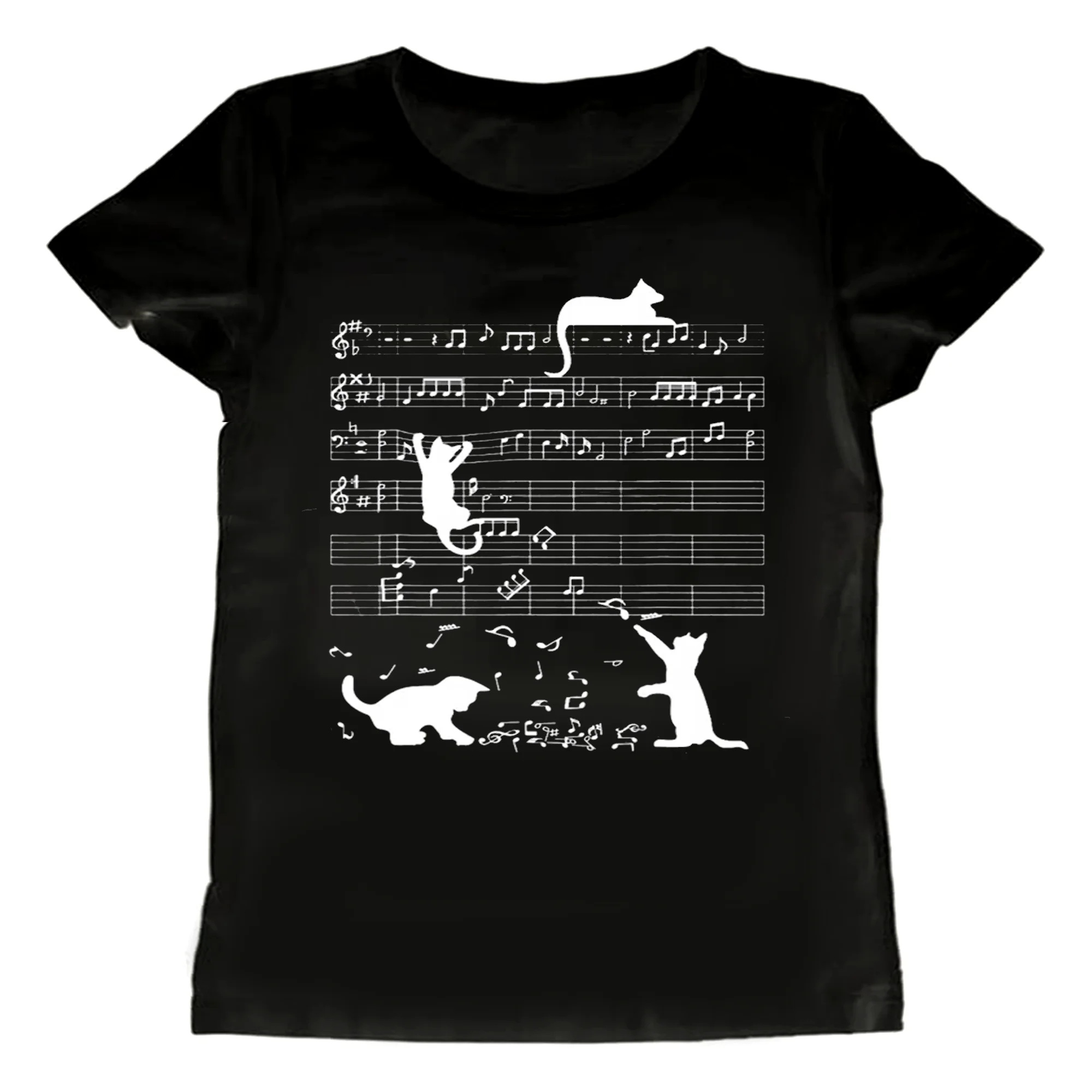 Lustiges Katzen-T-Shirt mit Musiknoten und Musikschlüssel, Grafik, Y2k Streetwear, Kurzarm, Geburtstagsgeschenke, Klavier, Damen, Sommer-Top – Detail 5