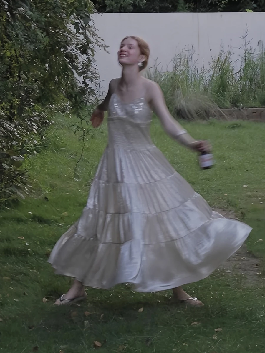 ReddaChic Women Party Sparkly Sequin Cami Dress Glossy V-neck Ruffle Elastic Back Pleated Long Dress Homecoming Formal Clothes