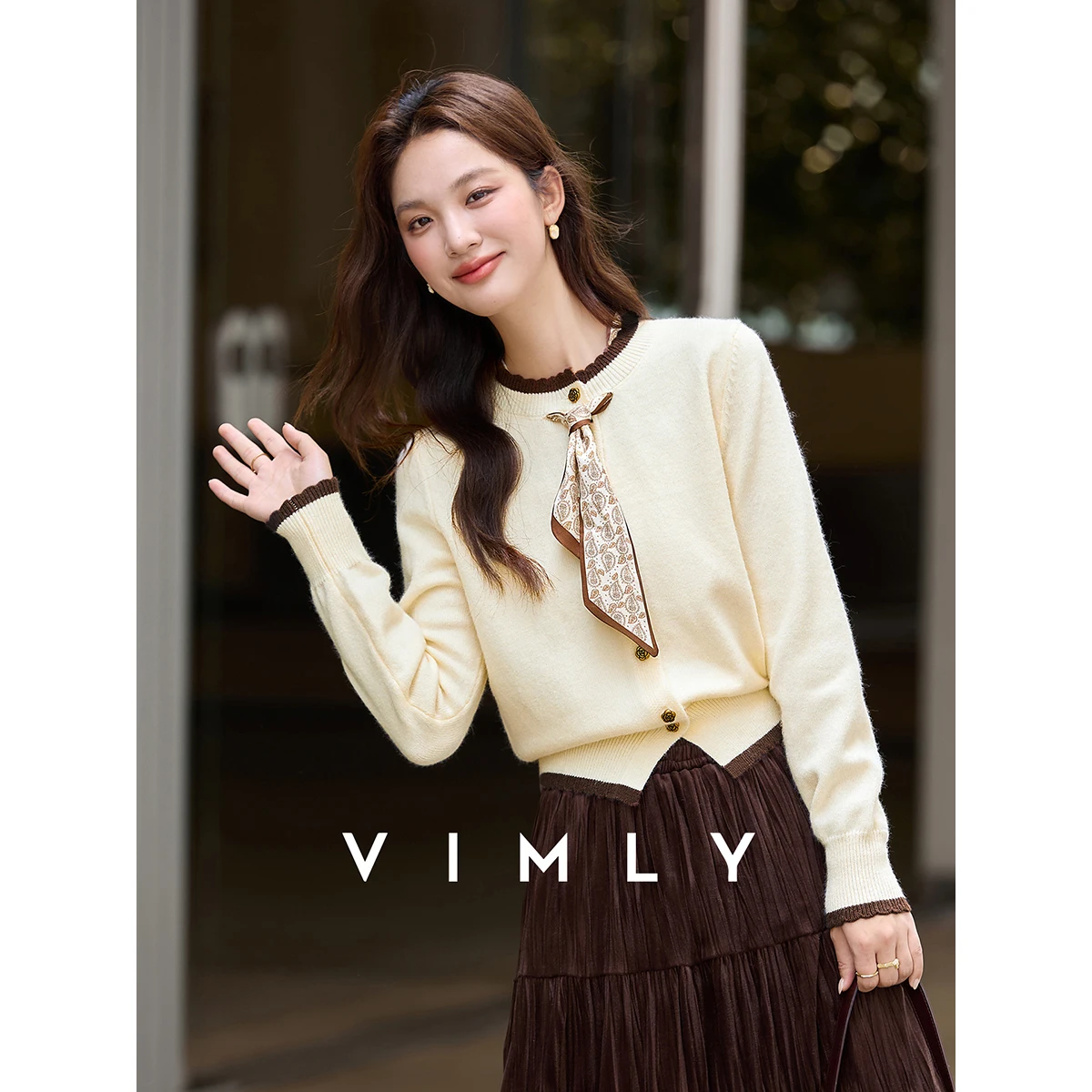 

VIMLY модные вязаные кардиганы женские 2200, осень, контрастные пуговицы, с круглым вырезом, съемный шарф, свитера, свободный крой, топ 75233