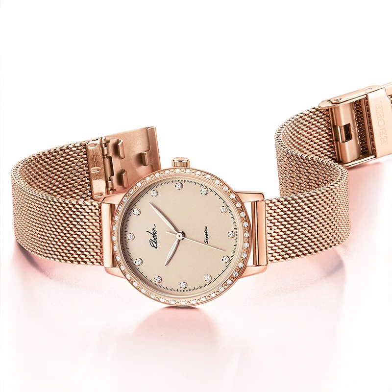 Popular Diamond Watch Ladies Fashion Luxury Brand Gift for Women Japan Quartz Mesh band waterproof Wristwatches EBOHR Rose Gold