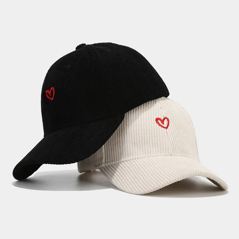 Neue Little Love bestickte Cord-Baseballmütze für Frühling und Herbst, koreanische Mode für Damen, einfacher Sonnenhut, Outdoor-Casual-Kappen – Detail 3
