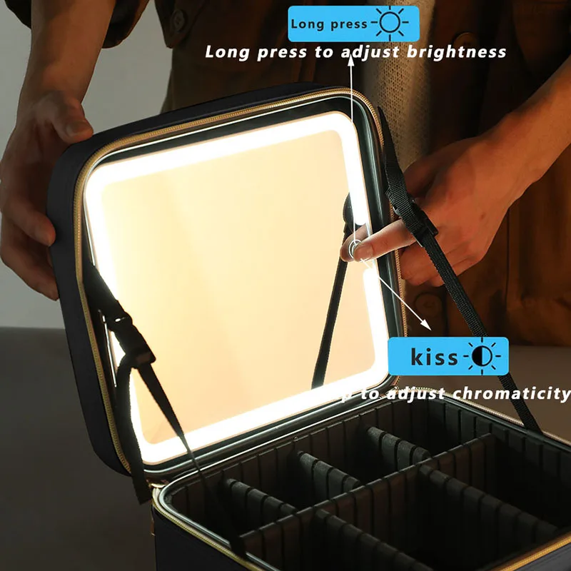 New LED Lighted Cosmetic Case with Mirror Waterproof PU Leather Portable Travel Makeup Storage Bags