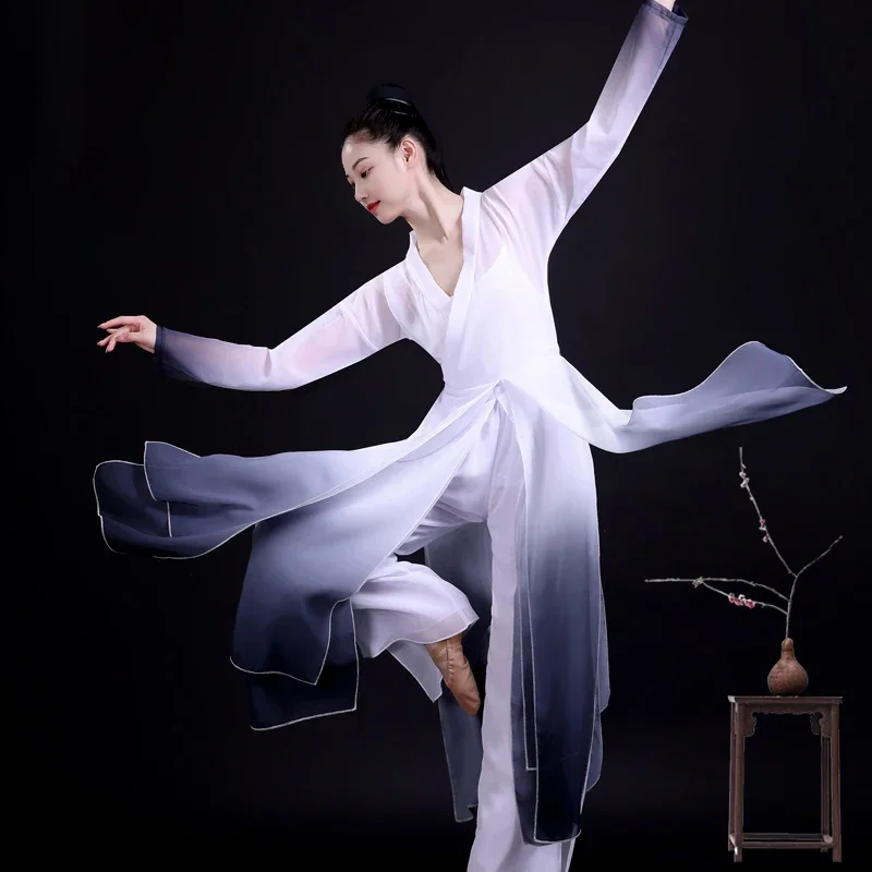 Chinesisches klassisches Tanzkleid, fließender Farbverlauf, chinesischer Volkstanz, Kostüm, 1 Set für Frauen, Praxis, Bühnenaufführung, Hanfu