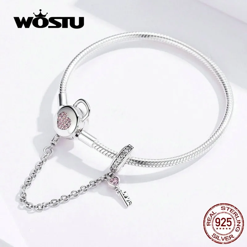 WOSTU 100% 925 Sterling Silver Heart Key Safety Chain Bracelets Pink Zircon Charm Bangle For Women Silver 925 Jewelry FIB143