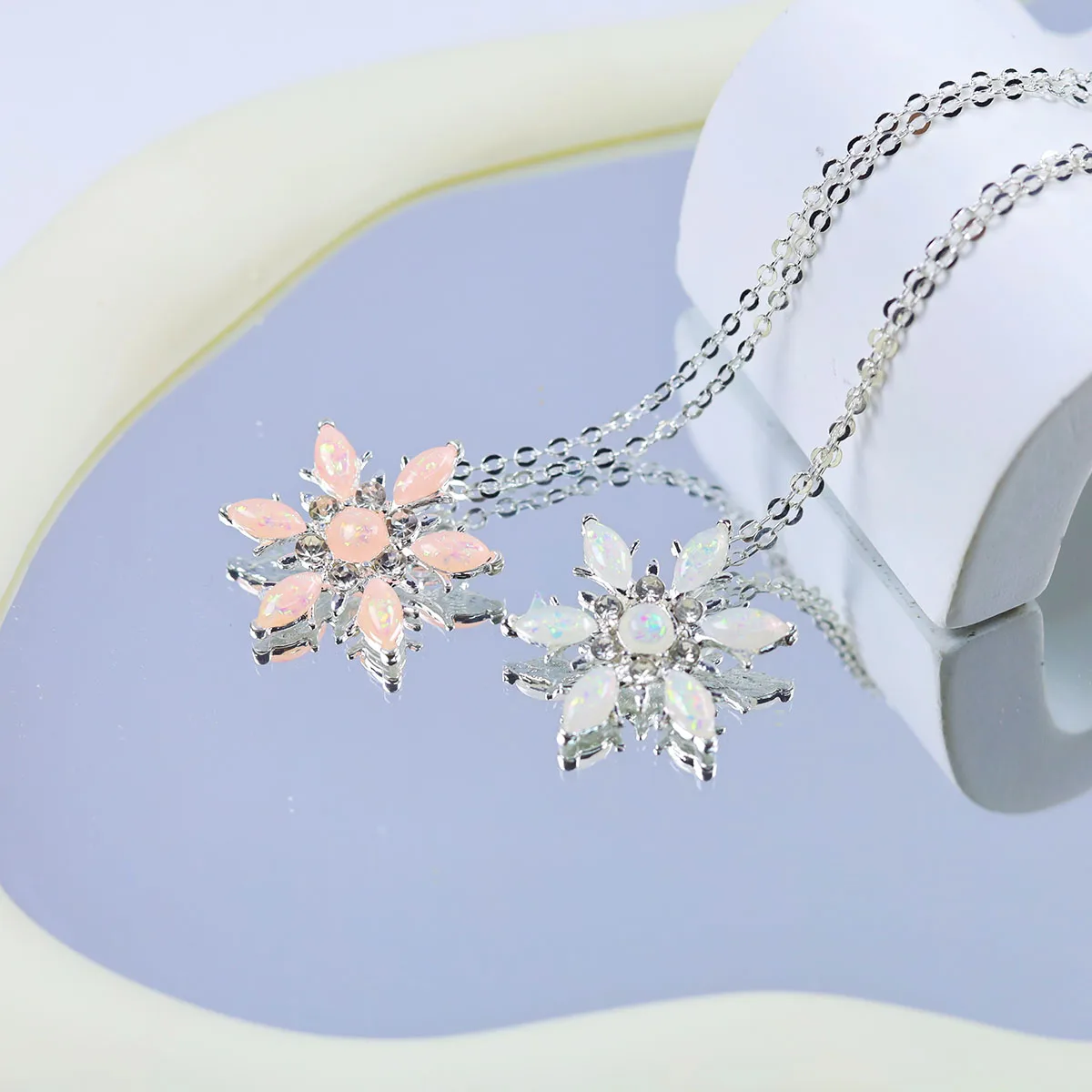 White Created Opal Snowflake Necklace Silver Cubic Snow Flower Christmas Jewelry