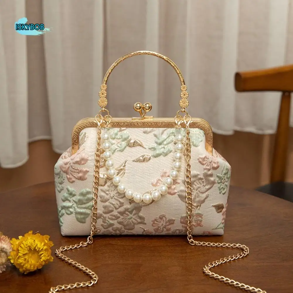 

Retro Cheongsam Banquet Bag Pearl Chain Elegant Kiss Lock Shoulder Bag Large Capacity Flower Chinese Style Handbag Travel