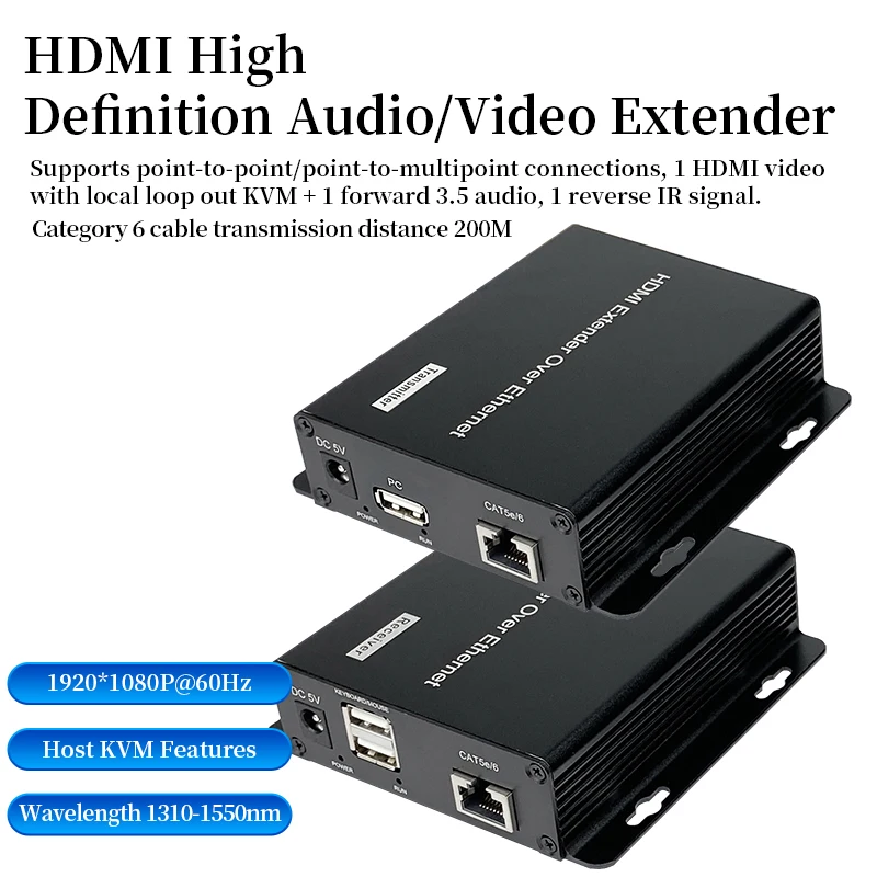 

HDMI-KVM Network Extender 200 meters HDMI to RJ45 One to Many Keyboard and Mouse IR Extension Local Loop Out Transmit + Receive