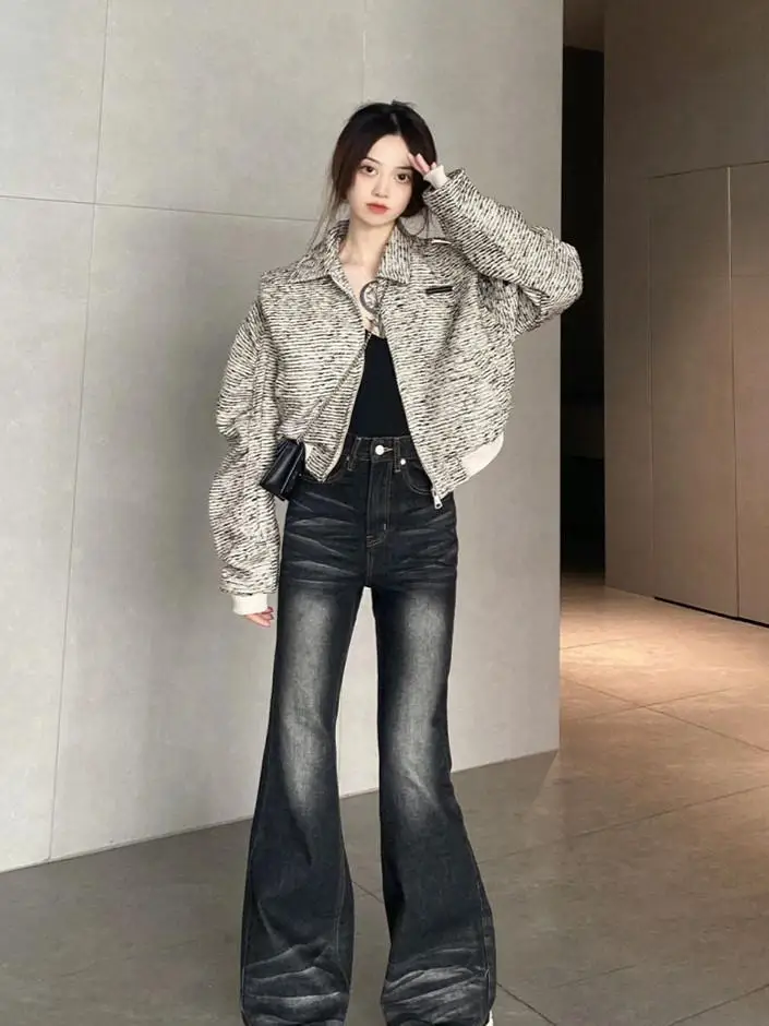 

Tweed Jacket Woman Plus Size Womens Autumn Winter Herringbone Classical Safari Overlong Vintage Silhouette Stand-Collar Notched