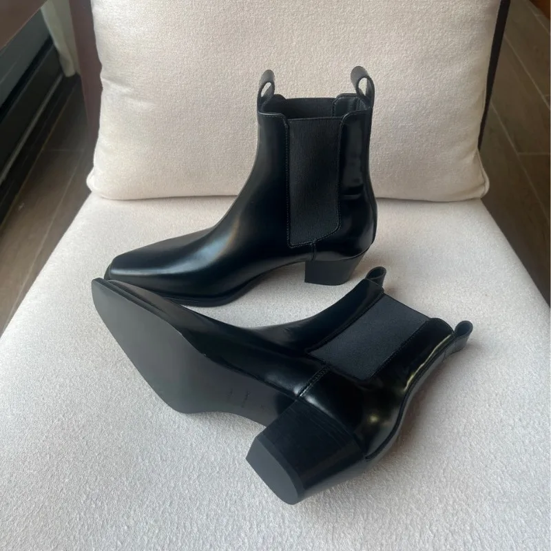 

New Style Cowhide Boots Casual Simple Short Boots French Retro Short Mid-heel Chelsea Boots for Women