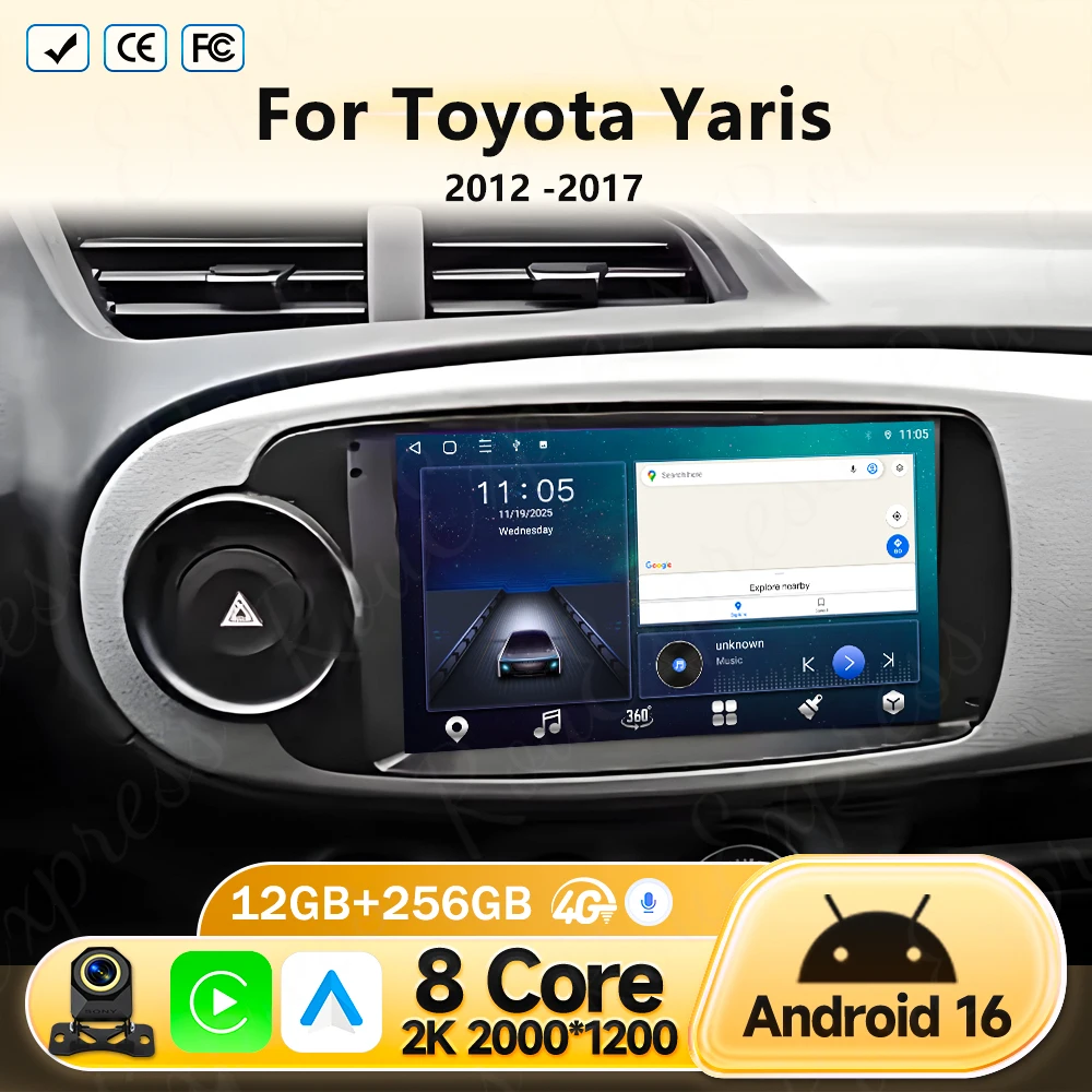 

Автомагнитола Android 16 с CarPlay для Toyota Yaris 2012-2017, навигация GPS, мультимедийный плеер, стерео, Wi-Fi, Bluetooth, авто.