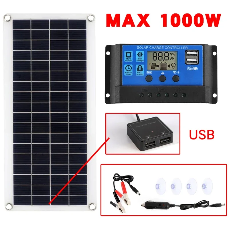 1000W solar panel 12V   10A 60A controller for mobile phone   RV car MP3 PAD charger outdoor power supply