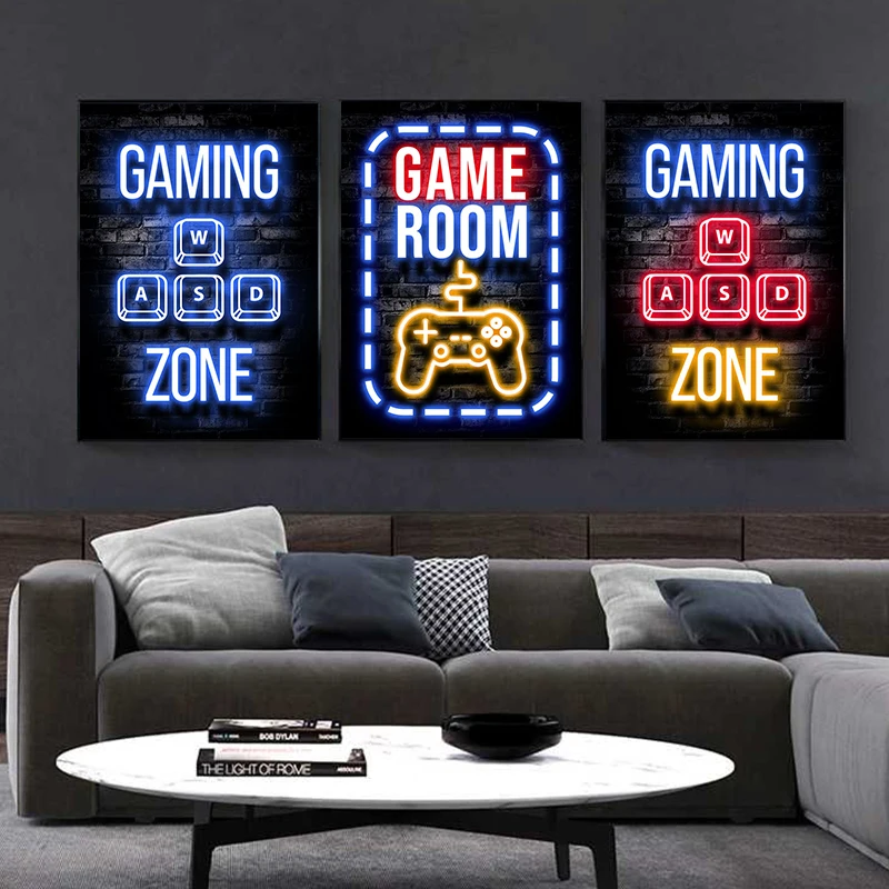 Neon Art Game Decoration Poster Gamer Quotes Canvas Painting Prints Wall Art Pictures for Kids Boys Games Room Decor Gift No LED