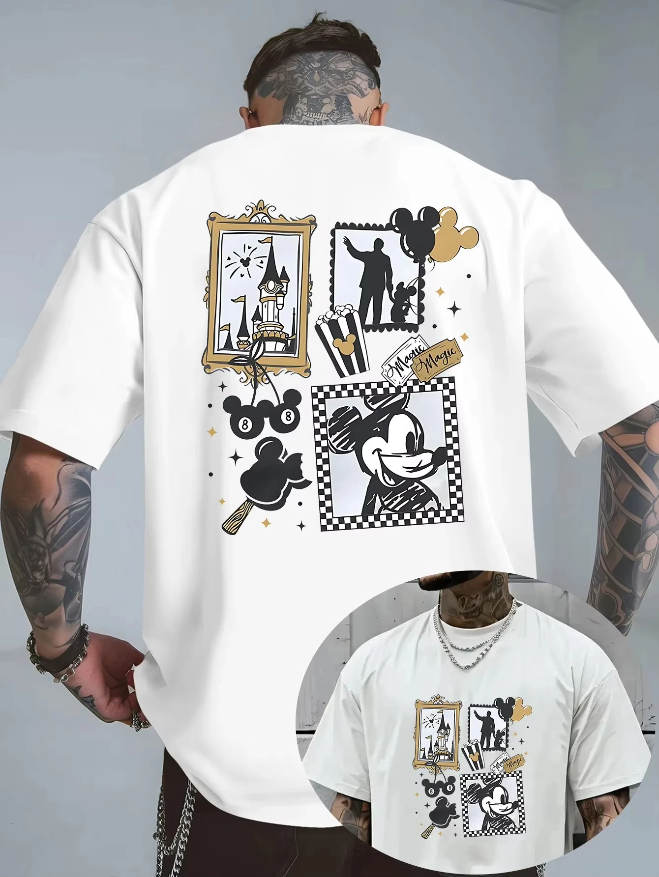 

Summer Men's Disney Mickey Mouse Pattern T-Shirt Daily Leisure and Theme Activities Wear Unisex Cotton Short Sleeve Oversized