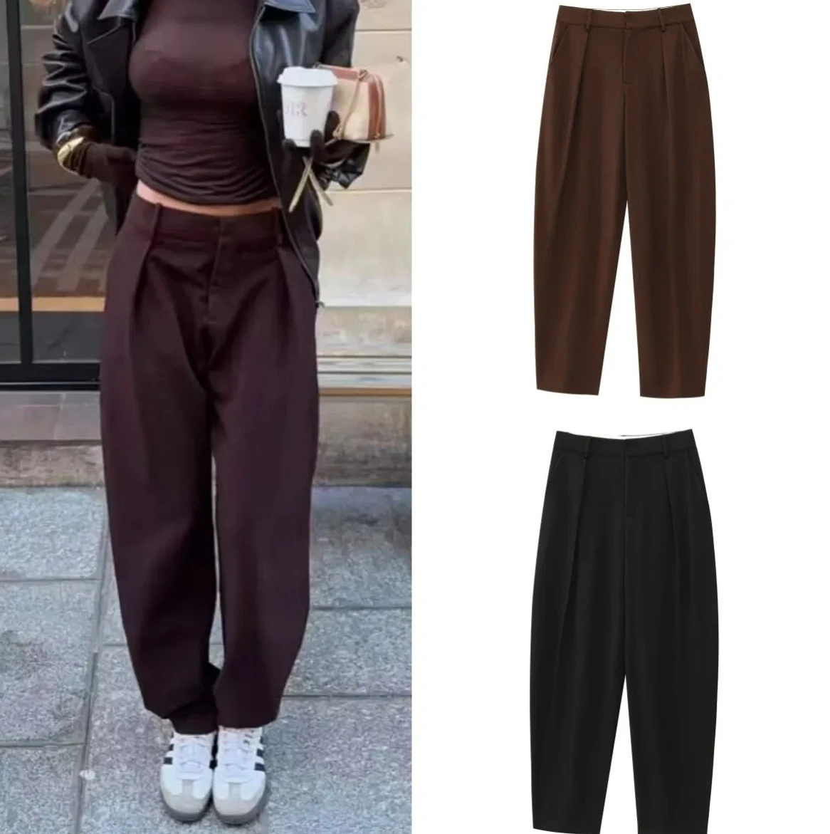 

Women Spring New ZW Series Commuter Bucket Pants All In One 3D Cut High Waist Casual Wide Leg Trousers Fashion Chic Pants