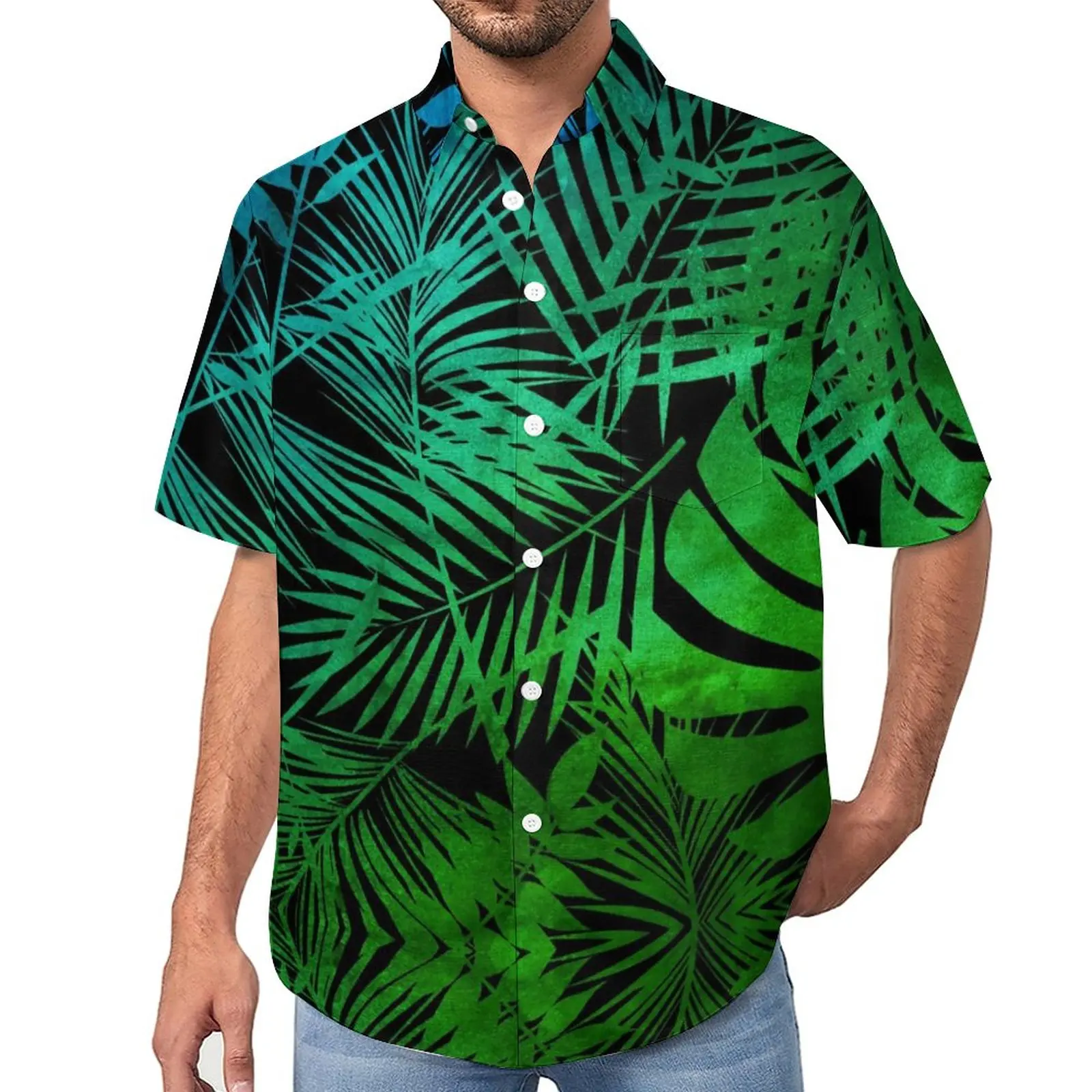 

Palm Leaf Print Blouses Male Green Ombre Tropical Casual Shirts Hawaiian Short-Sleeved Printed Stylish Oversize Beach Shirt Gift