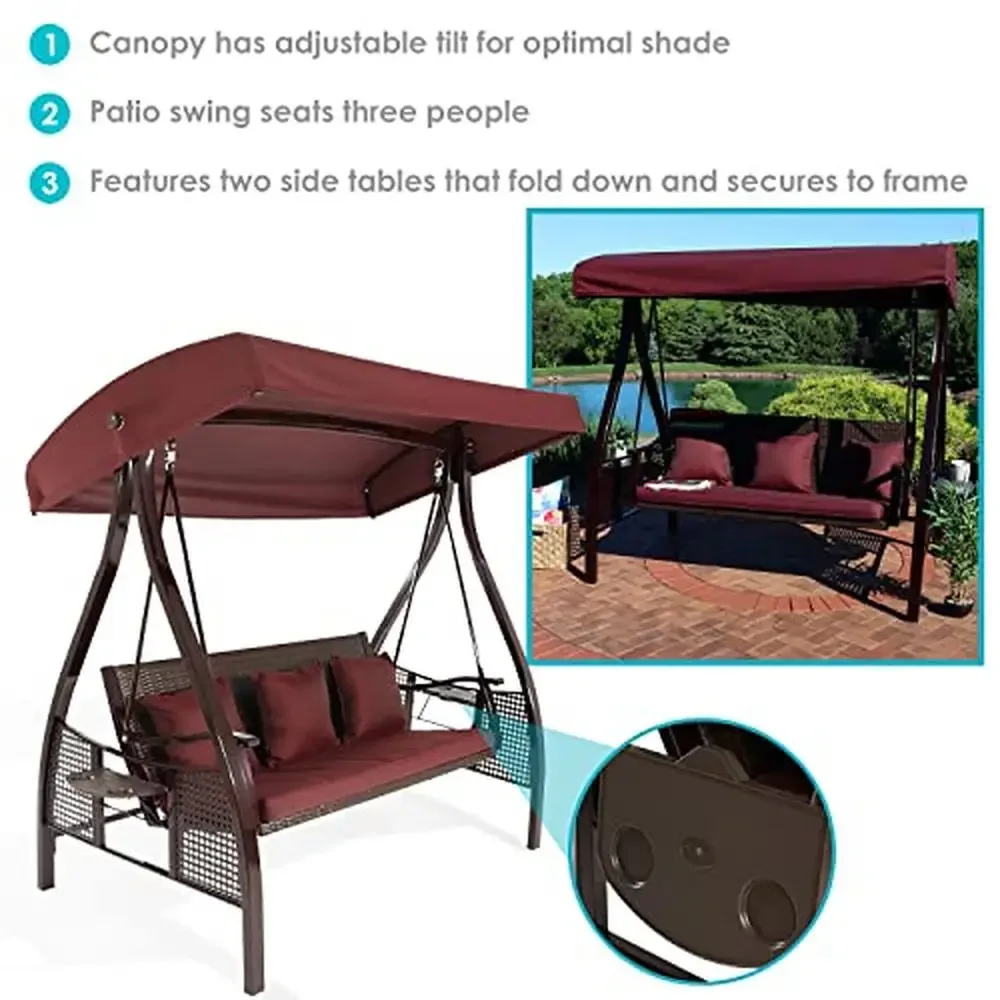 3-Seat Steel Frame Patio Swing with Canopy and 600lb Weight Capacity Maroon Cushions Outdoor Furniture Set Backyard Garden Deck