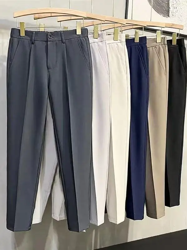 Men's Business Casual Straight Leg Pants Anti-Wrinkle No-Ironing Slim Fit Black Nine-Piece Elastic Trousers Youthful Energy S...