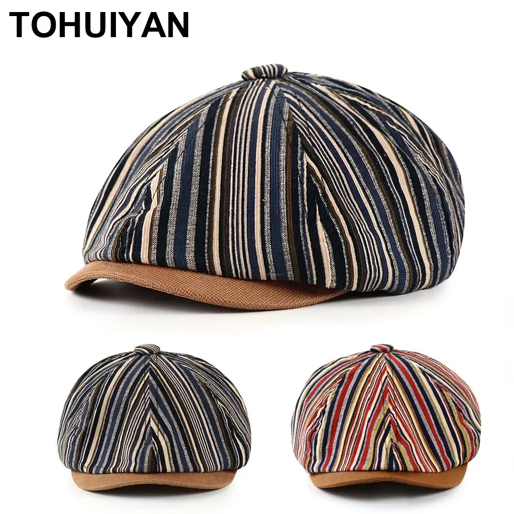 2024 New Striped Newsboy Cap For Men Soft Cotton Octagonal Hat Fashion Autumn Hats Women Bone Boinas Gatsby Caps Street Male Hat