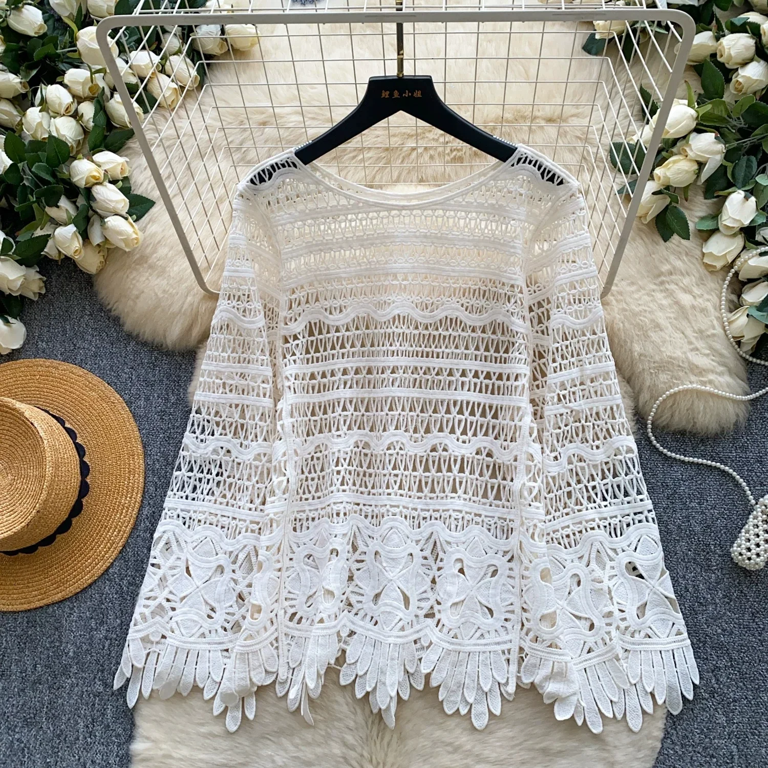 Greenora Women Hollow Crochet Lace Cover Up Top Round Neck Long Sleeve Tassel Hem Beach Blouse Casual Loose Outerwear Shirt