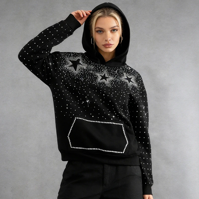 

Американское свободное худи с длинными рукавами, осенне-зимнее, со звездным узором и стразами, полностью усыпанное звездами, в эстетике готики и хип-хопа, трендовое пальто