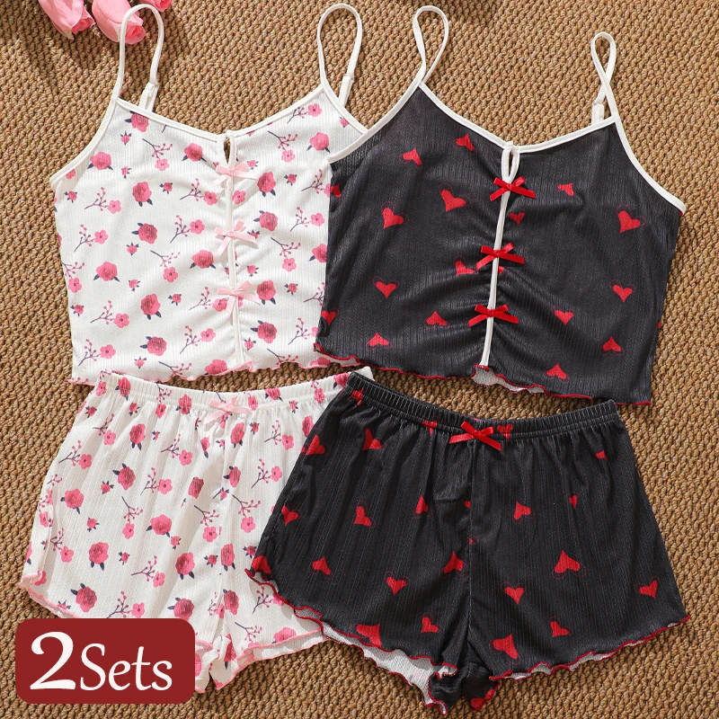 

2 Sets Summer Sleeveless Top and Shorts Pajama Sets For Women Sexy Cherry Heart Print Bowknot Sleepwear Female V-Neck Nightwear