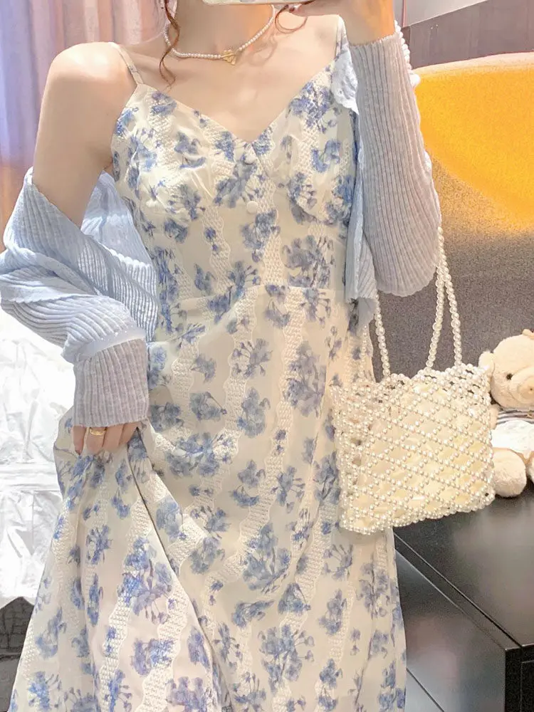 

2026 Spring New Floral Print Chiffon Dress with Open Cardigan Two-Piece Set Women's Fashion Casual Wear Long Sleeve Regular L...