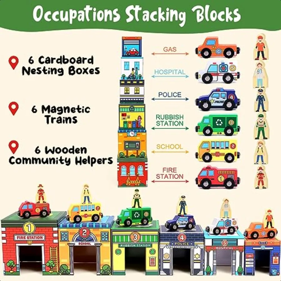 ألعاب فرز وتراص للأطفال الصغار من Atoylink مع سيارات خشبية مغناطيسية، مساعدات المجتمع، كتل أرقام الطفل، صناديق التعشيش لمرحلة ما قبل المدرسة