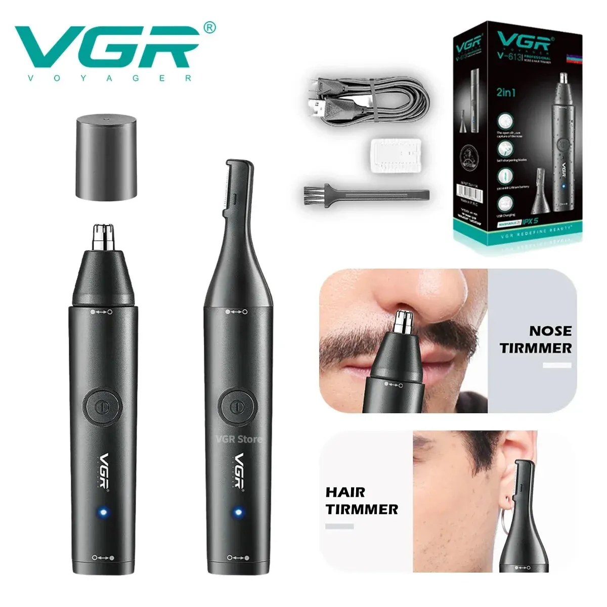 VGR Nose Trimmer Profesjonalny Mini Trymer do Włosów Elektryczny Trymer Do Nosa 2 W 1 Akumulator Wodoodporny V 613