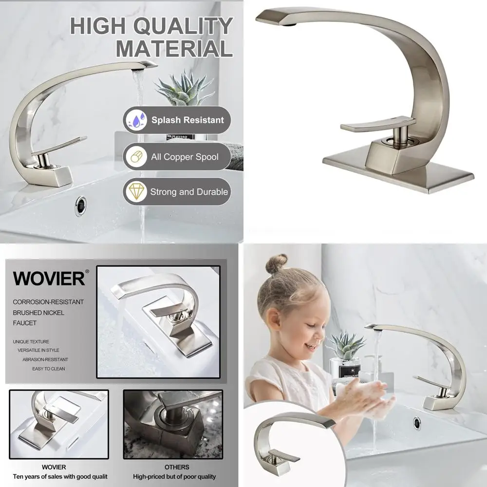 

Modern Single-Handle Brass Sink Mixer Tap with Pop-Up Drain and Supply Hose for Lavatory in Brushed Nickel Finish