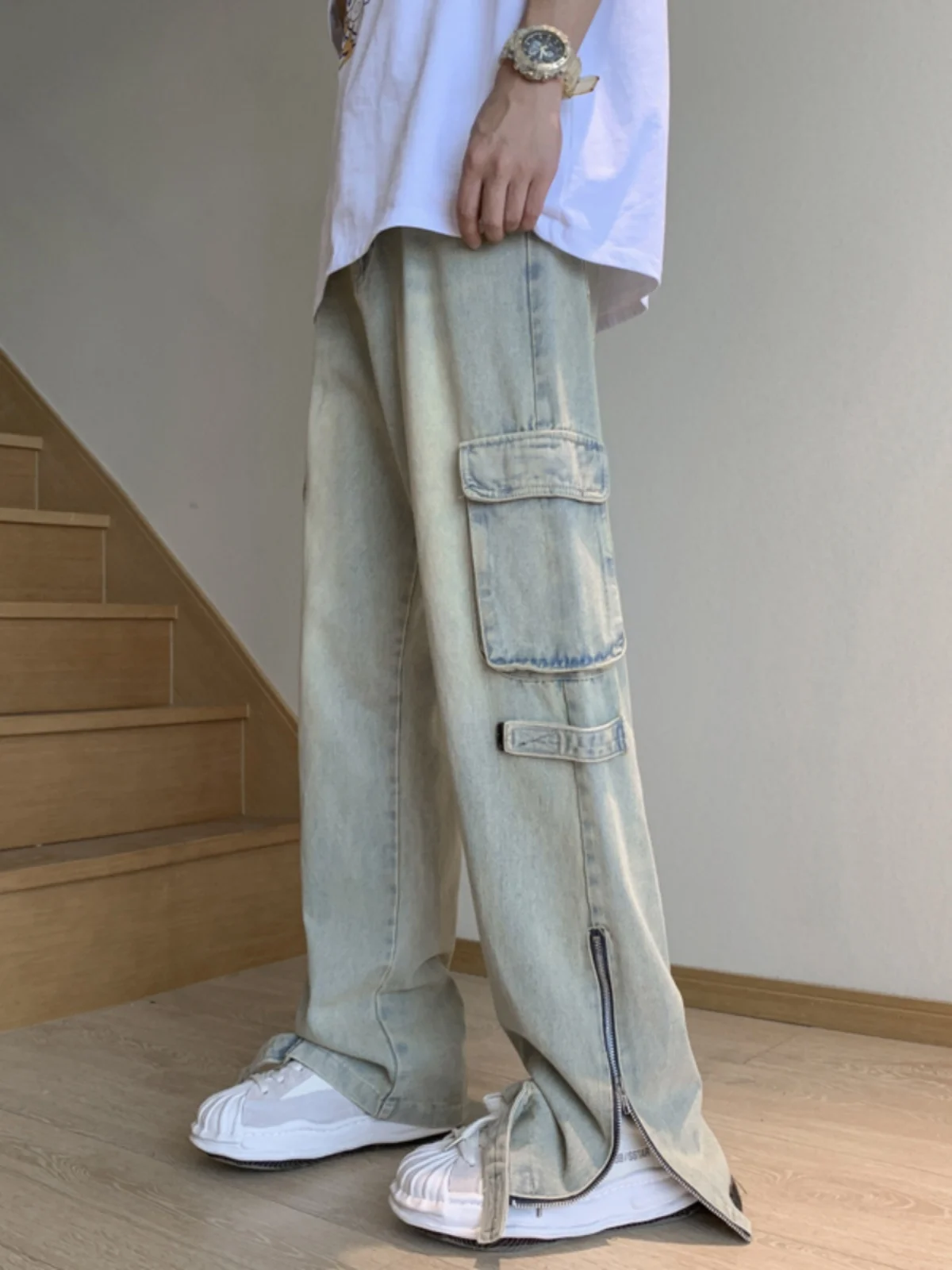 

Американские ретро-джинсы для мужчин: модные прямые джинсы с разрезами на молнии, расклешенные, прочные, эластичные, повседневные, весна-осень