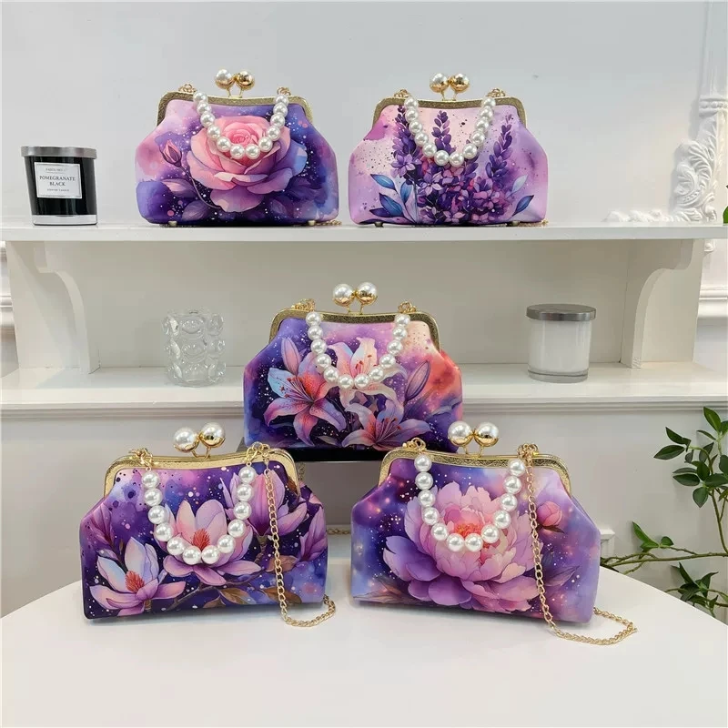NEW Classic Romantic Purple Bags Lavender Rose Lily Magnolia Peony‌ Bag Bead Lock Women's Handbags Chain Women Crossbody Bag