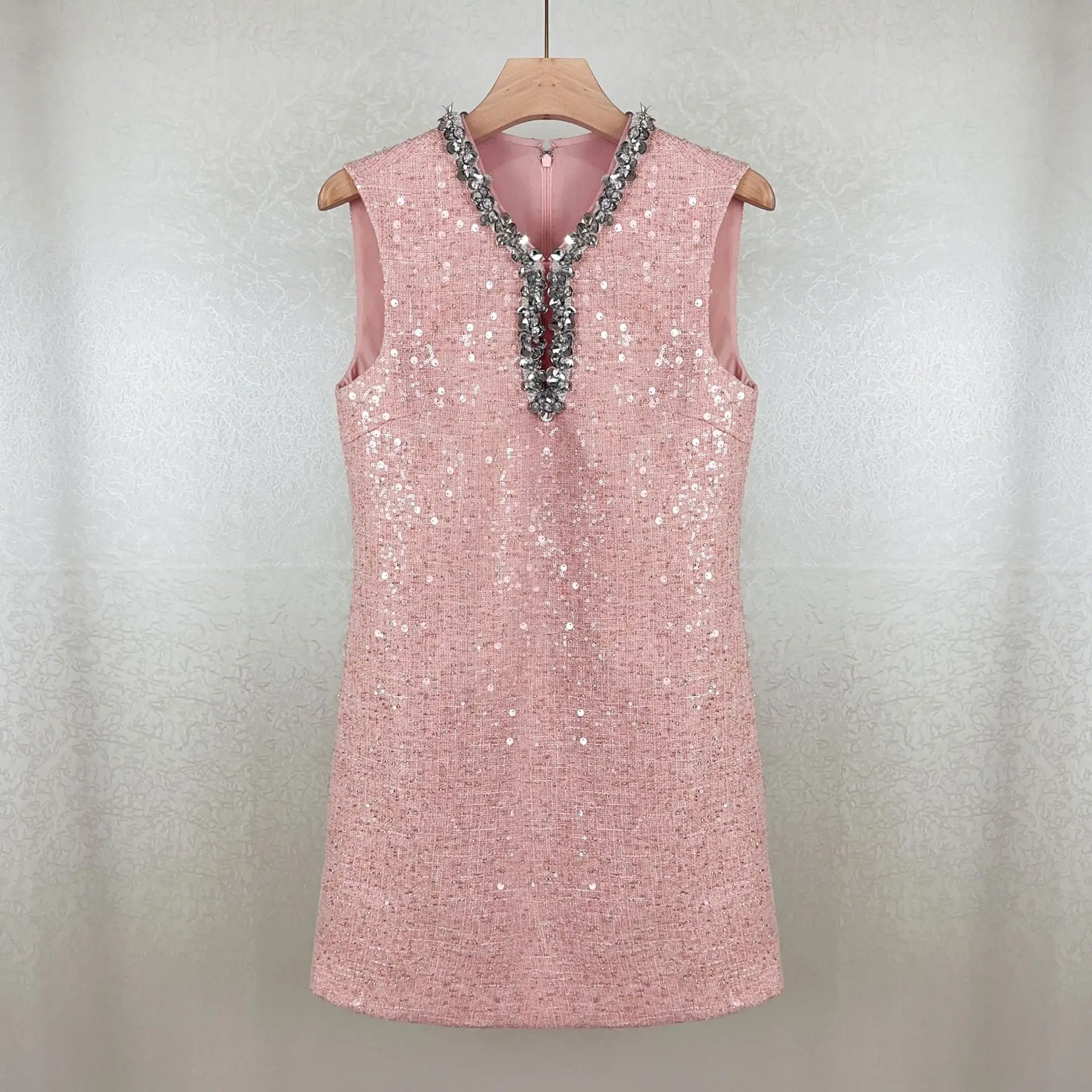 Vestido feminino oco com lantejoulas, rosa, Decoração de diamantes, Sem mangas, O-pescoço, doce, Mini robe, Outono, 2024