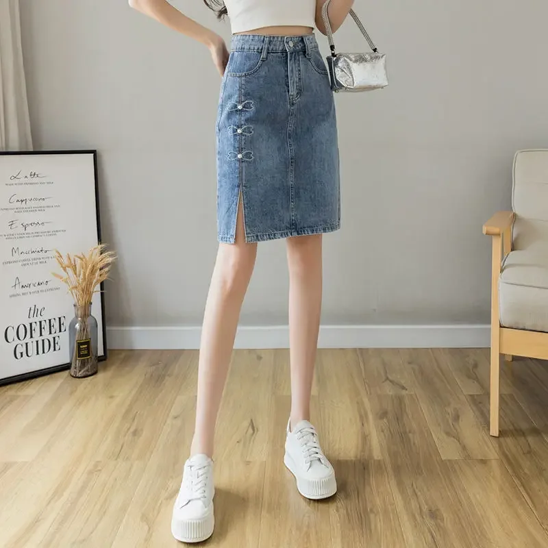 

With Slit Jeans Skirts for Women Woman Denim Skirt Pocket Blue Midi Zipper High Waist Modest Summer 2024 Y2k Vintage Harajuku V