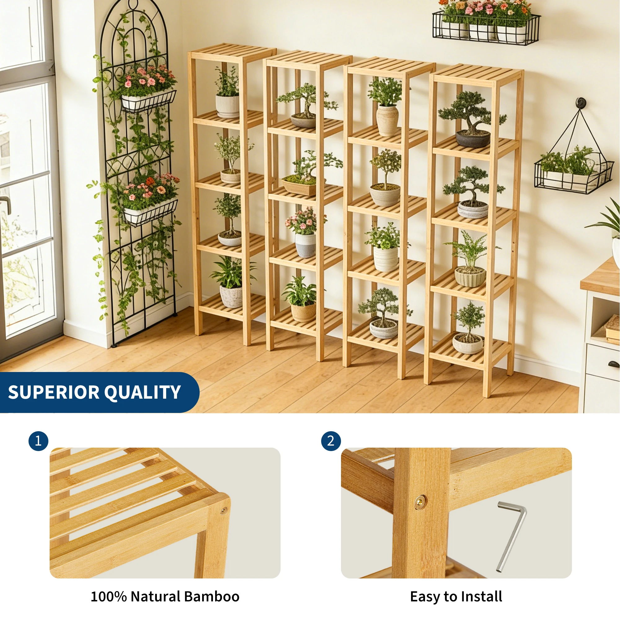 Scaffale angolare in bambù a 5 ripiani, scaffale da bagno stretto e autoportante con ripiani a listelli, ideale per bagno, cucina, soggiorno, lavanderia e garage.