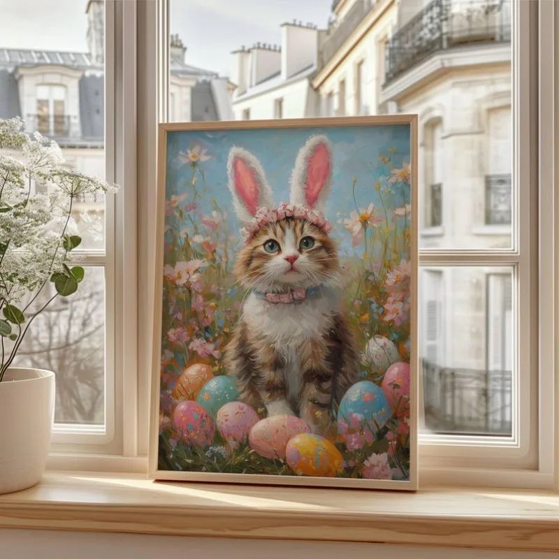 

Cat with Bunny Ears Easter Canvas Wall Poster Art Decoration, Floral Cat and Easter Eggs Print, Cute Easter Decor,Unframe