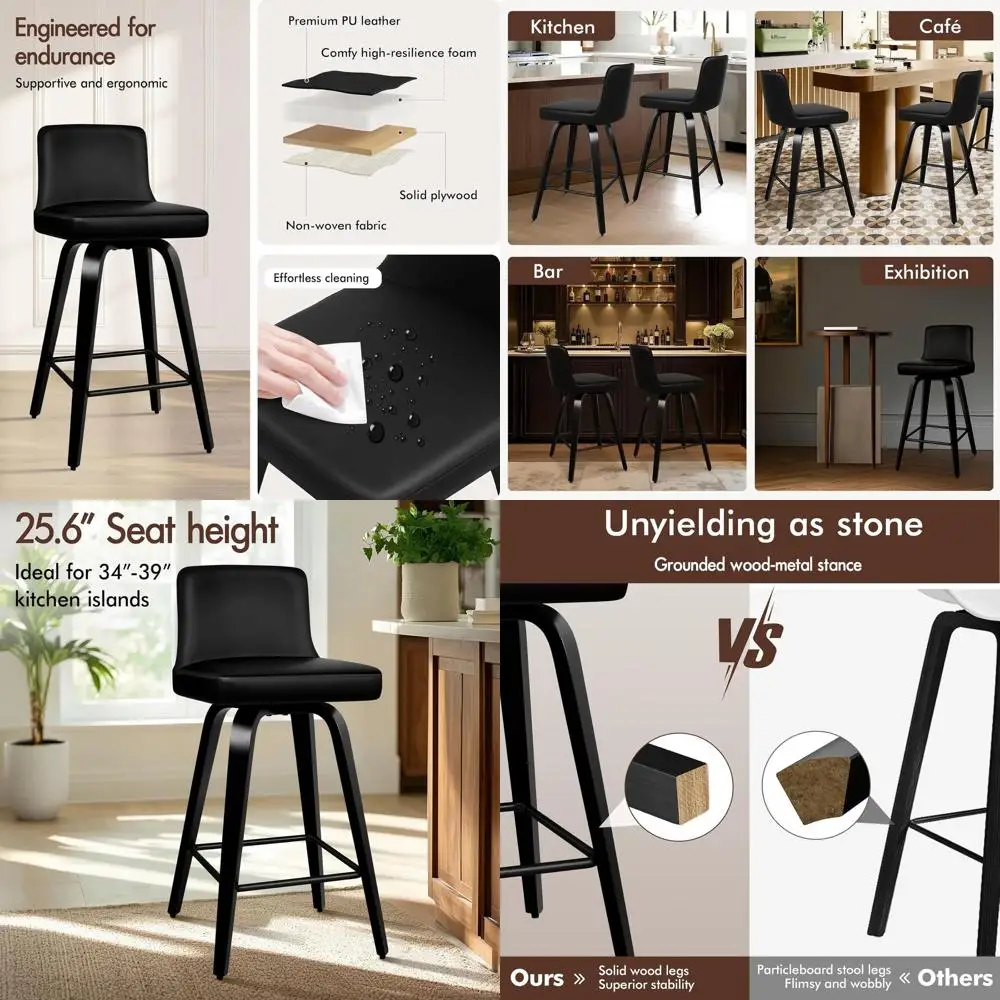 

Набор из 2-х барных стульев из искусственной кожи высотой 25,6 дюйма с деревянными ножками для кухонного острова или обеденной зоны, черный цвет