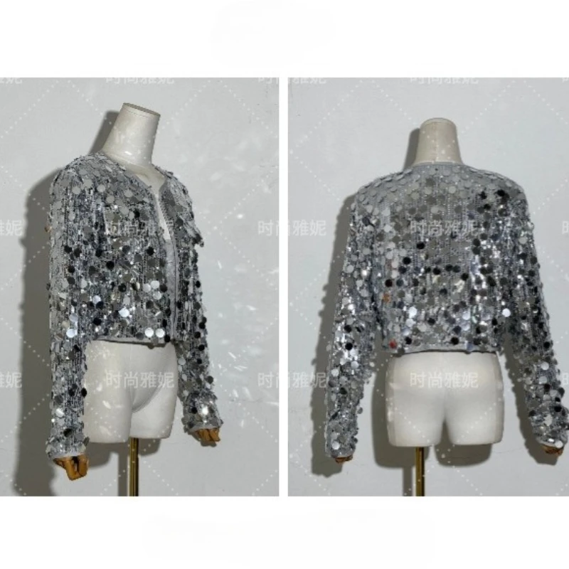 Chic Temperament Black Coat Women's Sequins Sparkling Versatile Performance Clothing Short Cardigan Jacket Top O-neck Outwear
