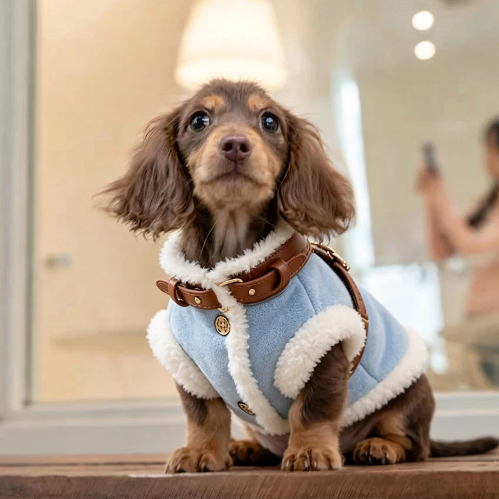 Winterdikke fleece winddichte jas voor teckels, warme blauwe ritsjas voor teckels, modieuze kleding voor teckels.