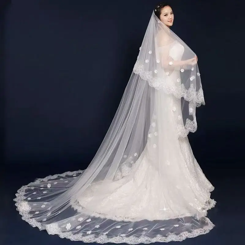 

Bridal Veil with Blush Floral Wedding Veil Fabric 3D Flowers Scattered Drop Bridal Illusion Cover Face