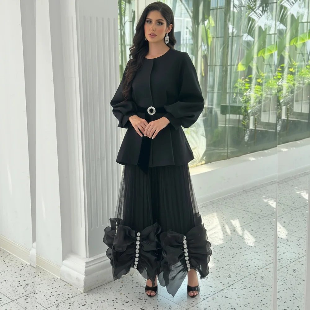 Customized Formal Evening Dress Pleat Sash Long Sleeves A-line Midi Dresses Bespoke Occasion Classic Elegant Party Glitter