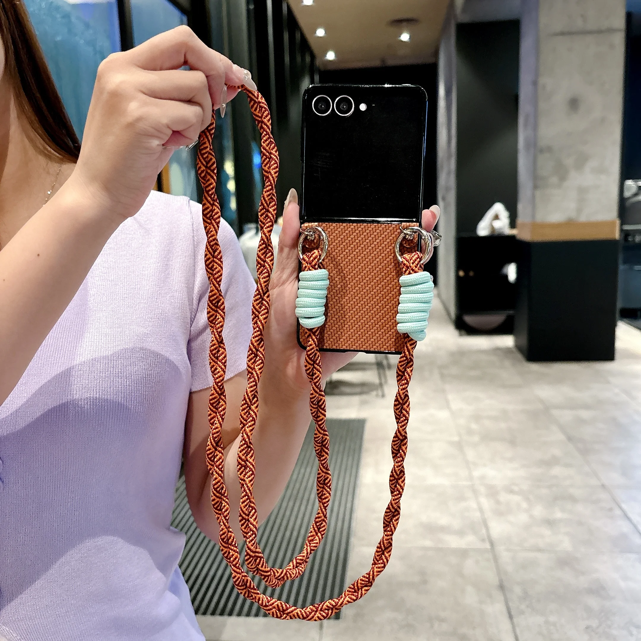 الغطاء الخلفي لسامسونج غالاكسي Z فليب 7 6 5 4 3 مع أشرطة الحبل الطويلة حبل الخيزران حصيرة بولي Leather الجلود الصلب PC للصدمات