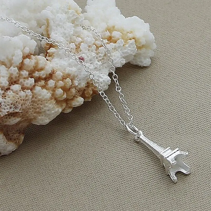 925 Sterling Silver Eiffel Tower Paris Pendant Necklace Chain Fashion Jewelry